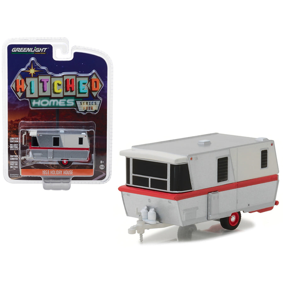 1959 Holiday House Travel Trailer Silver With Red Stripe Hitched Homes Series 4 1/64 Diecast Model By Greenlight 34040a