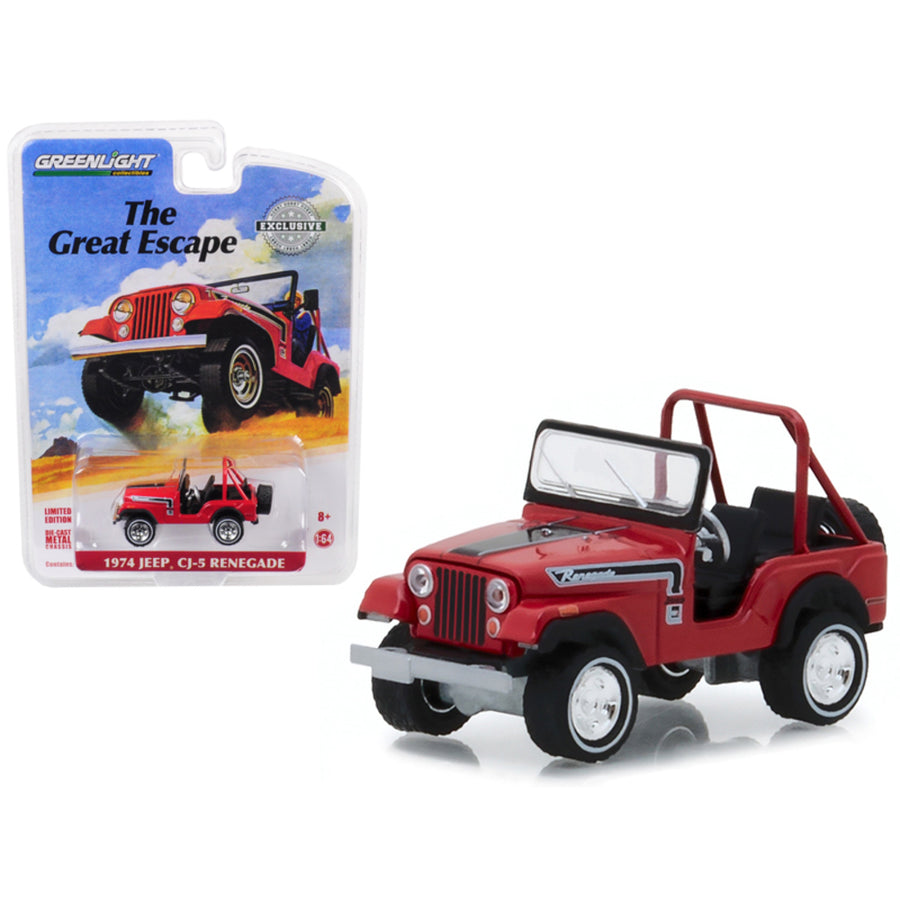 1974 Jeep Cj-5 Renegade Red With Black Stripes The Great Escape Advertisement Car Hobby Exclusive 1/64 Diecast Model Car By Greenlight 29936