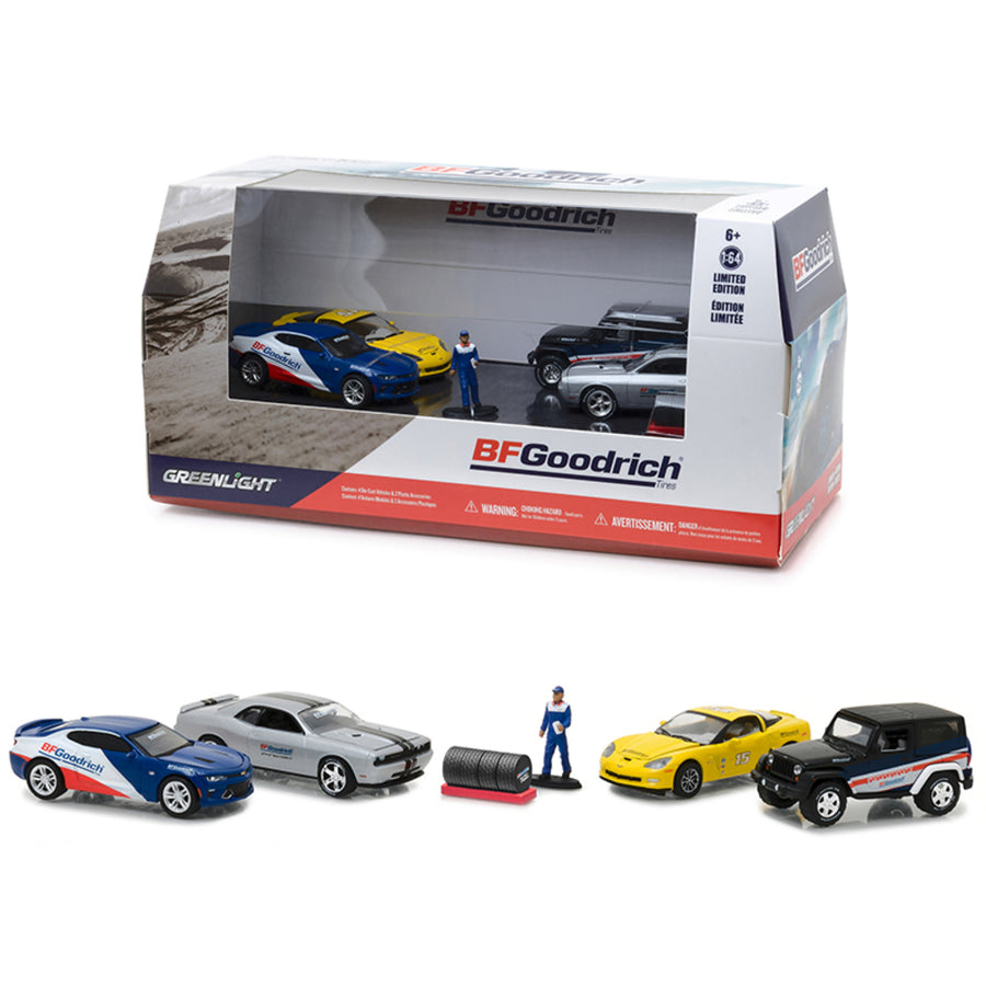 Bfgoodrich Performance Tire Shop 6 Pieces Set Multi Car Diorama With Figurine And Tire Set 1/64 Diecast Model Cars By Greenlight 58046