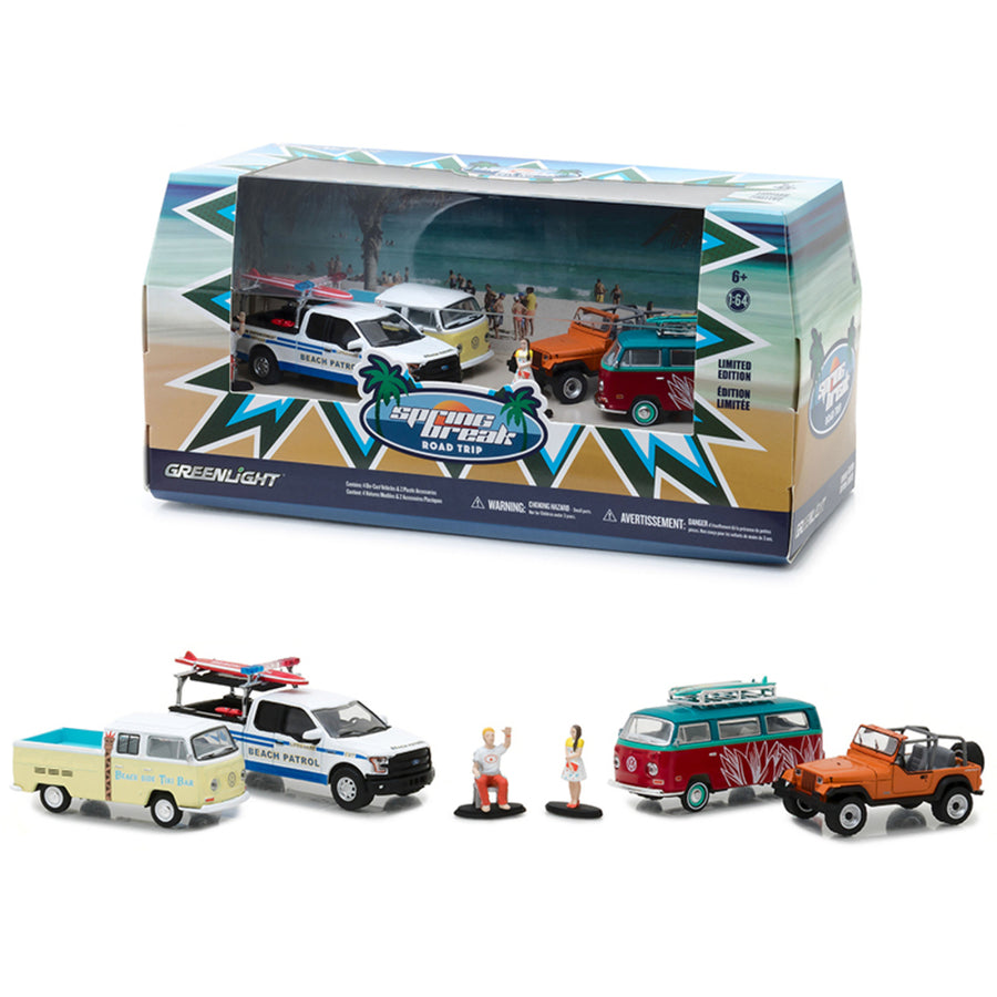 Spring Break Road Trip 6 Pieces Set Multi Car Diorama With Figurines 1/64 Diecast Model Cars By Greenlight 58047