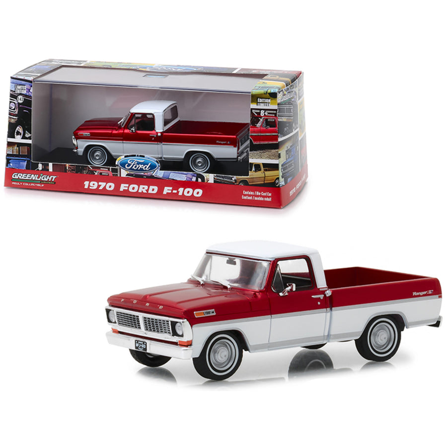 1970 Ford F-100 Ranger Xlt Pickup Truck Candy Apple Red And Wimbledon White 1/43 Diecast Model Car By Greenlight 86318