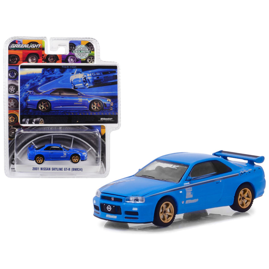2001 Nissan Skyline Gt-r (bnr34) Blue Track Meat Bfgoodrich Vintage Ad Cars Hobby Exclusive 1/64 Diecast Model Car By Greenlight 29944