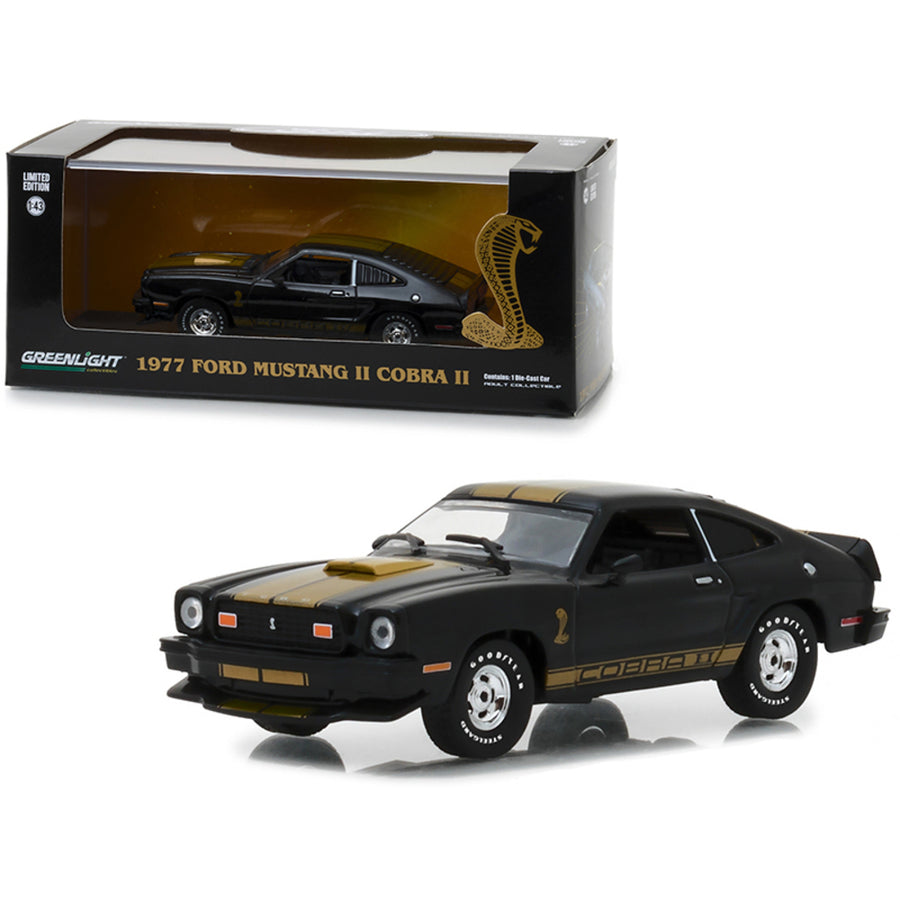 1977 Ford Mustang Cobra Ii Black With Gold Stripes 1/43 Diecast Model Car By Greenlight 86319