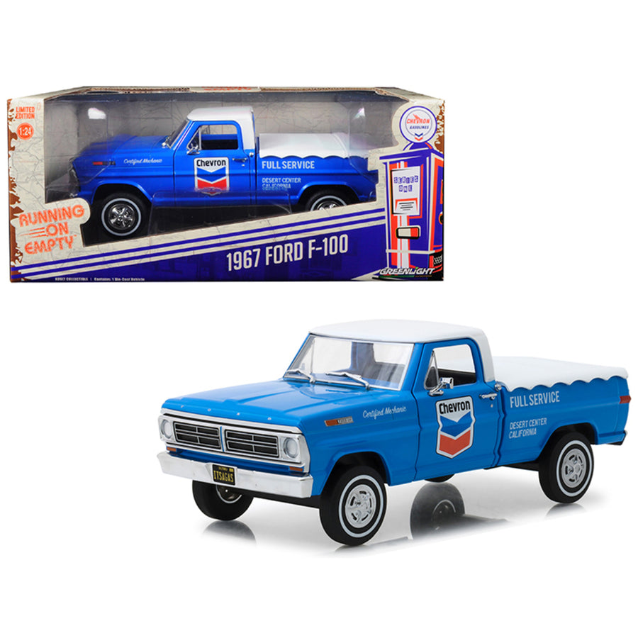 1967 Ford F-100 With Bed Cover Chevron Full Service Blue With White Top Running On Empty Series 1/24 Diecast Model Car By Greenlight 85013