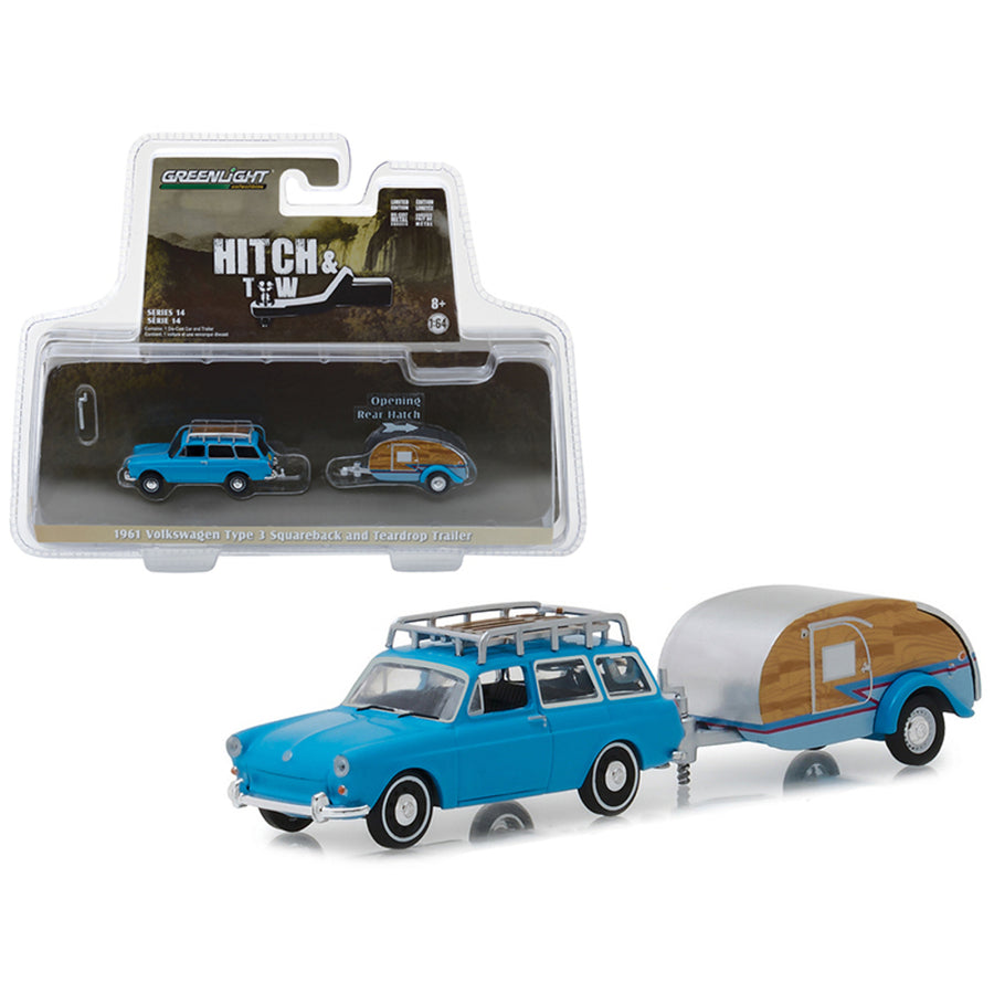 1961 Volkswagen Type 3 Squareback Blue With Tear Drop Trailer Hitch & Tow Series 14 1/64 Diecast Models By Greenlight 32140a