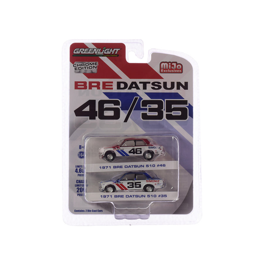 1971 Bre Datsun 510 #46 Red And 1971 Bre Datsun 510 #35 Blue Chrome Edition Set Of 2 Cars Limited Edition To 4,600 Pieces Worldwide 1/64 Diecast Model Cars By Greenlight 51230