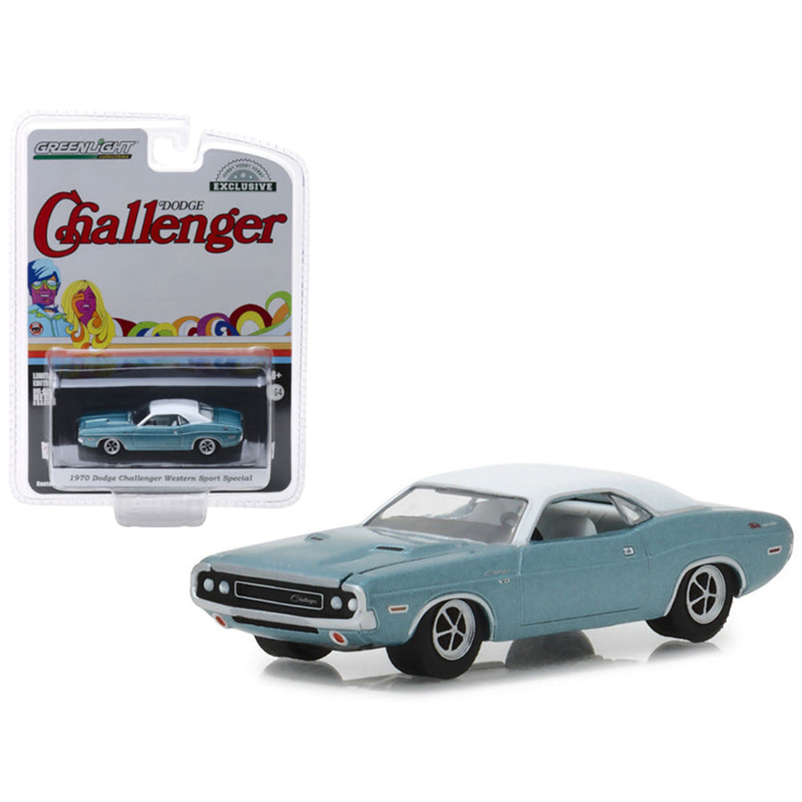 1970 Dodge Challenger Blue With White Top Western Sport Special Hobby Exclusive 1/64 Diecast Model Car By Greenlight 29986