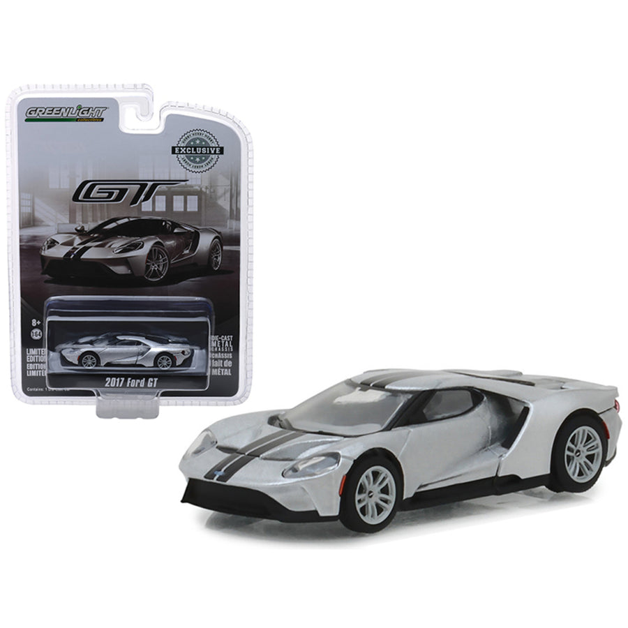 2017 Ford Gt Ingot Silver With Black Stripes Hobby Exclusive 1/64 Diecast Model Car By Greenlight 29992