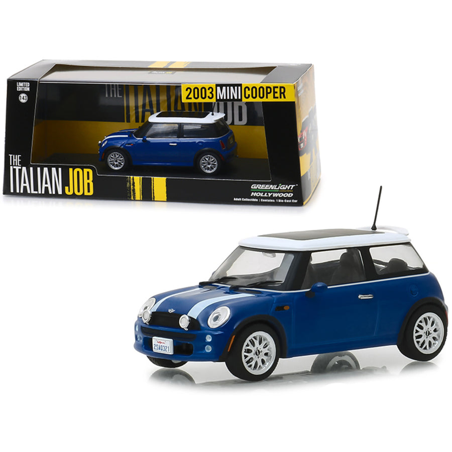 2003 Mini Cooper Blue With White Stripes The Italian Job (2003) Movie 1/43 Diecast Model Car By Greenlight 86546