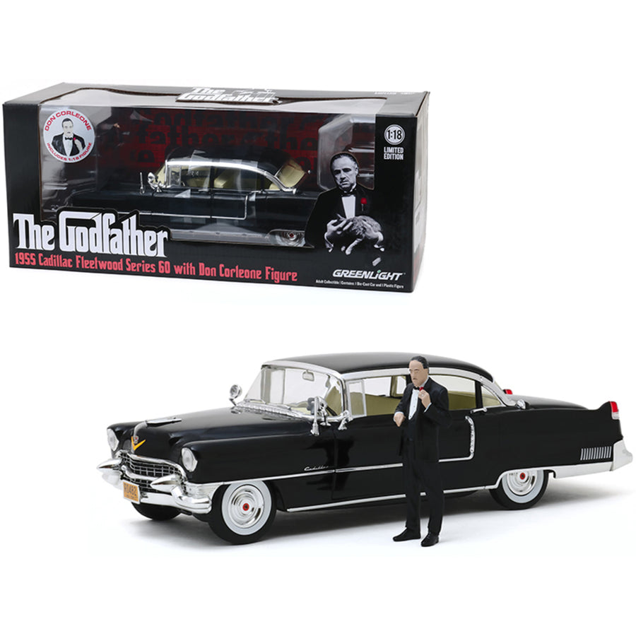 1955 Cadillac Fleetwood Series 60 Black With Don Corleone Figure The Godfather (1972) Movie 1/18 Diecast Model Car By Greenlight 13531