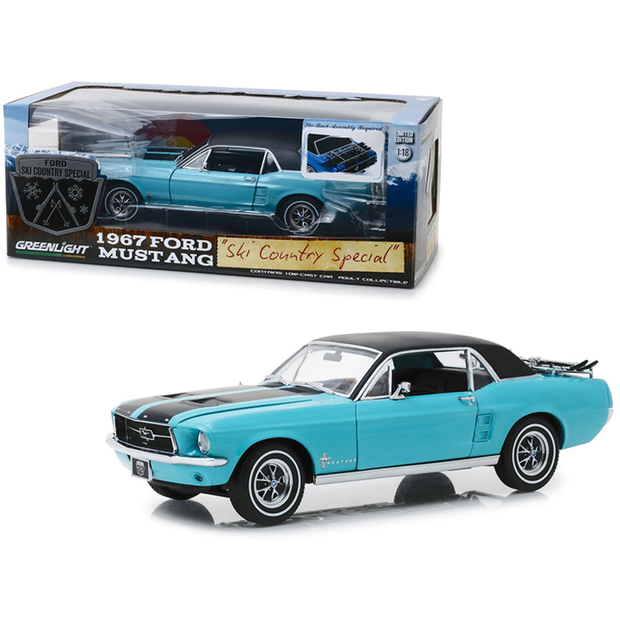 1967 Ford Mustang Coupe Turquoise With Detachable Ski Equipment  Ski Country Special 1/18 Diecast Model Car By Greenlight 13535