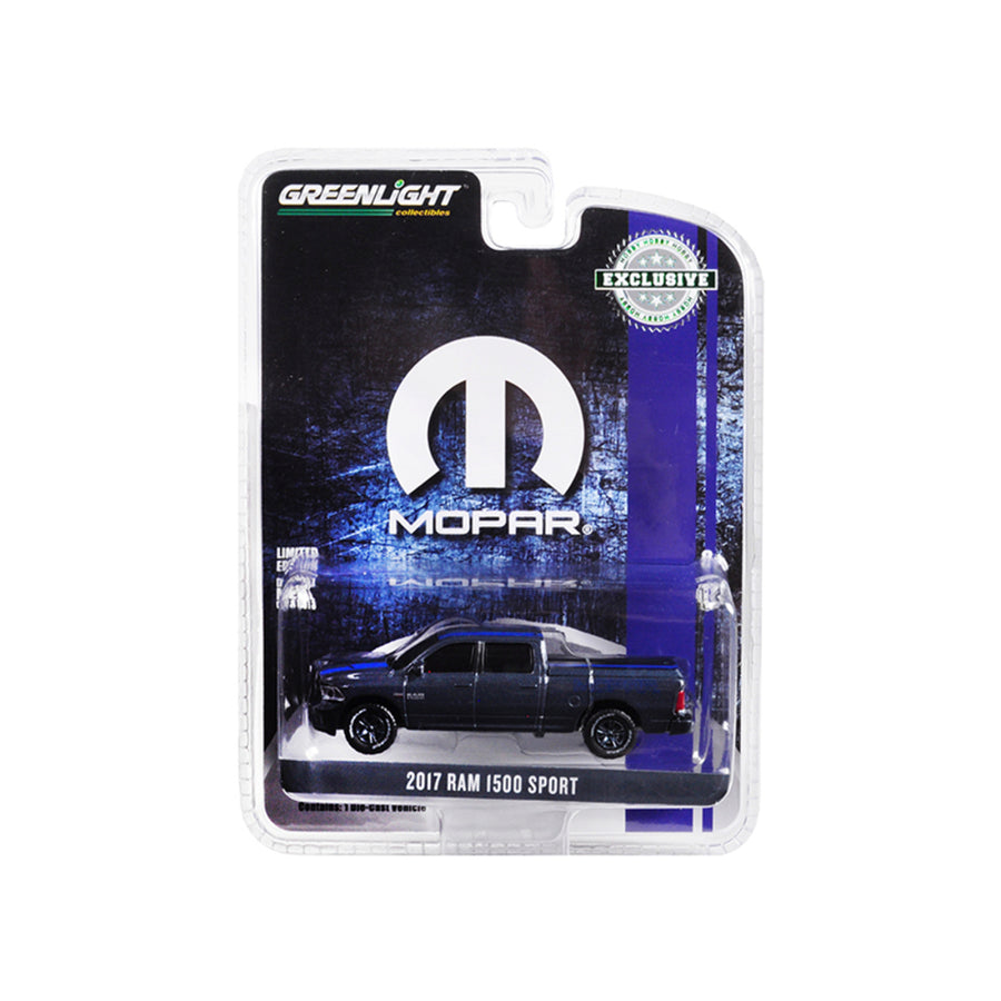 2017 Dodge Ram 1500 Sport Pickup Truck With Bed Cover Metallic Dark Blue And Blue Stripe Mopar Hobby Exclusive 1/64 Diecast Model Car By Greenlight 30013