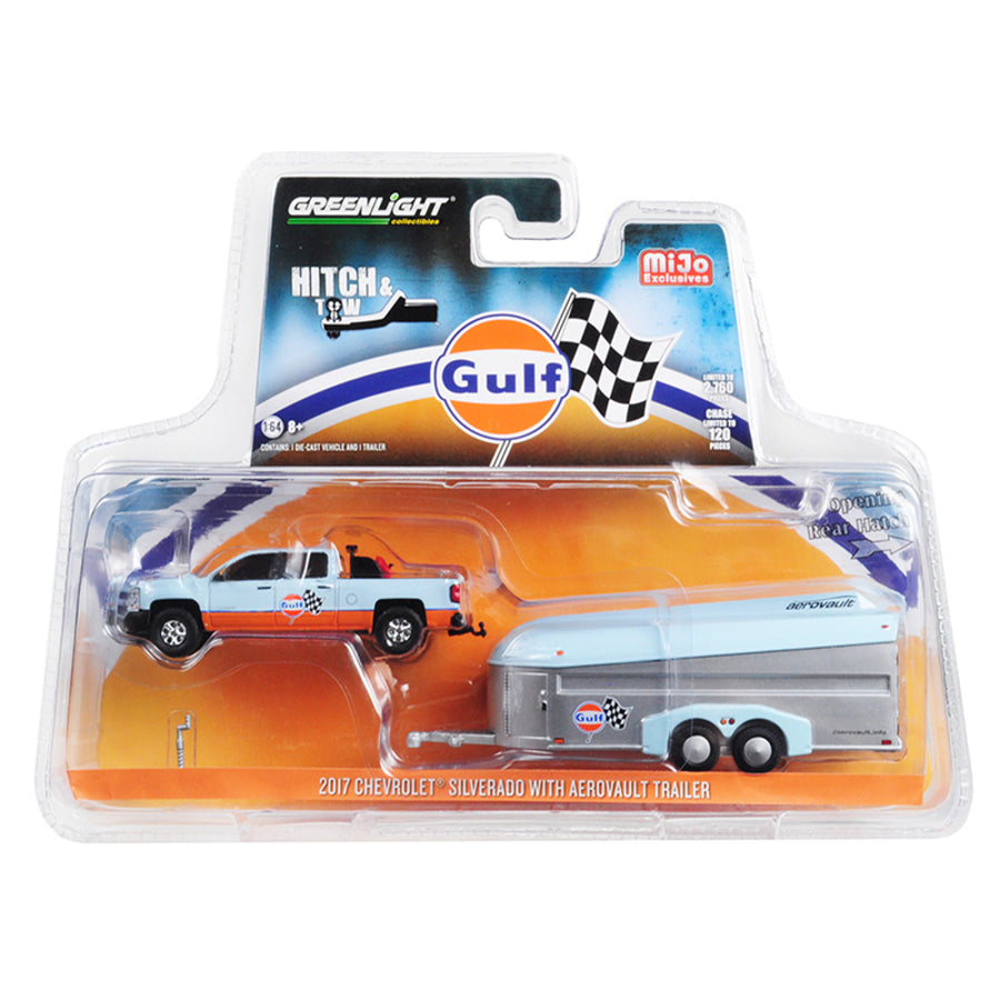 2017 Chevrolet Silverado Pickup Truck And Aerovault Trailer Gulf Oil Hitch & Tow Series Limited Edition To 2,760 Pieces Worldwide 1/64 Diecast Model Car By Greenlight 51243
