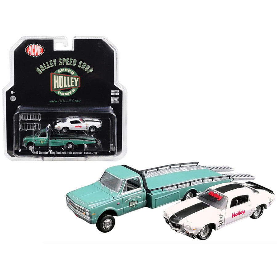 1967 Chevrolet Ramp Truck Turquoise And 1971 Chevrolet Camaro Z/28 White With Black Stripe Holley Speed Shop Acme Exclusive 1/64 Diecast Model Cars By Greenlight For Acme 51247