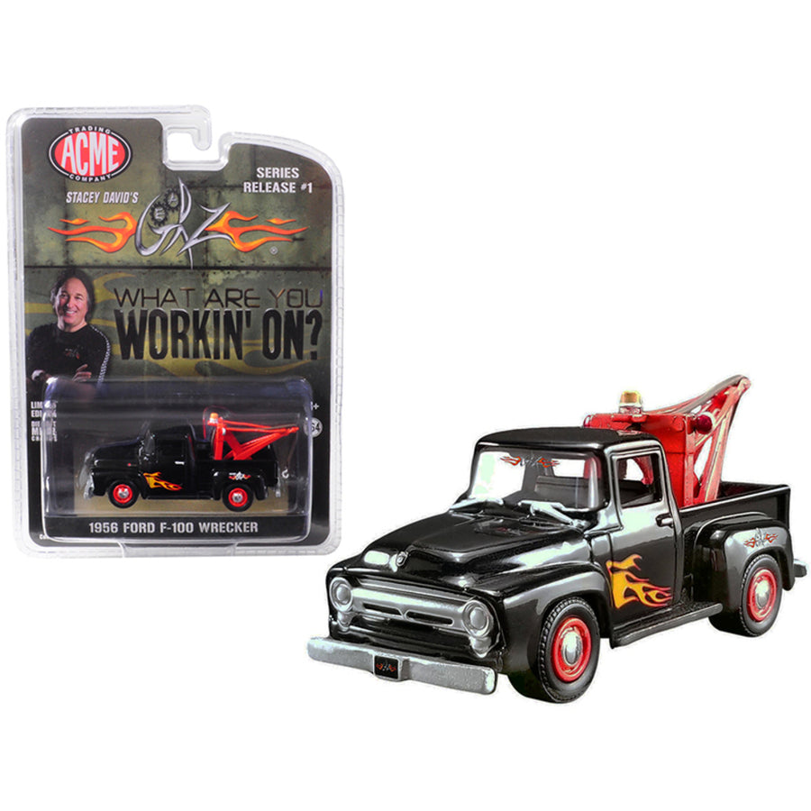 1956 Ford F-100 Wrecker Tow Truck Black With Flames (stacey Davids Gearz) What Are You Working On? 1/64 Diecast Model Car By Greenlight For Acme 51248