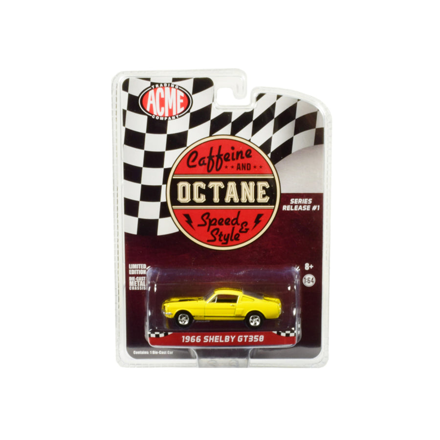 1966 Ford Mustang Shelby Gt350 Yellow With Black Stripes Caffeine And Octane (2017) Tv Show Release #1 In The Series 1/64 Diecast Model Car By Greenlight For Acme 51249