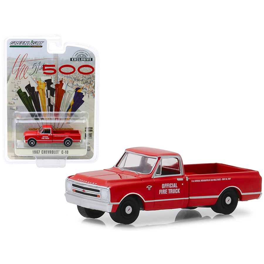 1967 Chevrolet C-10 Fire Pickup Truck Red 51th Annual Indianapolis 500 Mile Race Official Fire Truck Hobby Exclusive 1/64 Diecast Model Car By Greenlight 30030