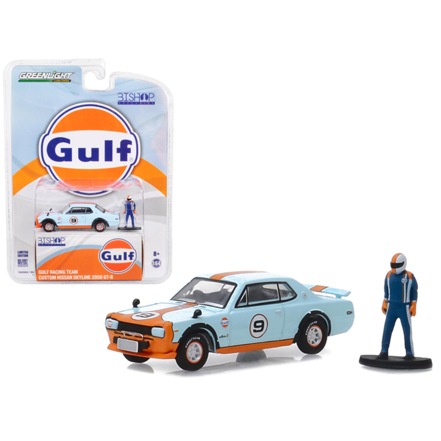 Custom Nissan Skyline 2000 Gt-r #9 Gulf Racing Team With Race Car Driver Figure Bishop Exclusive 1/64 Diecast Model Car By Greenlight 51195e
