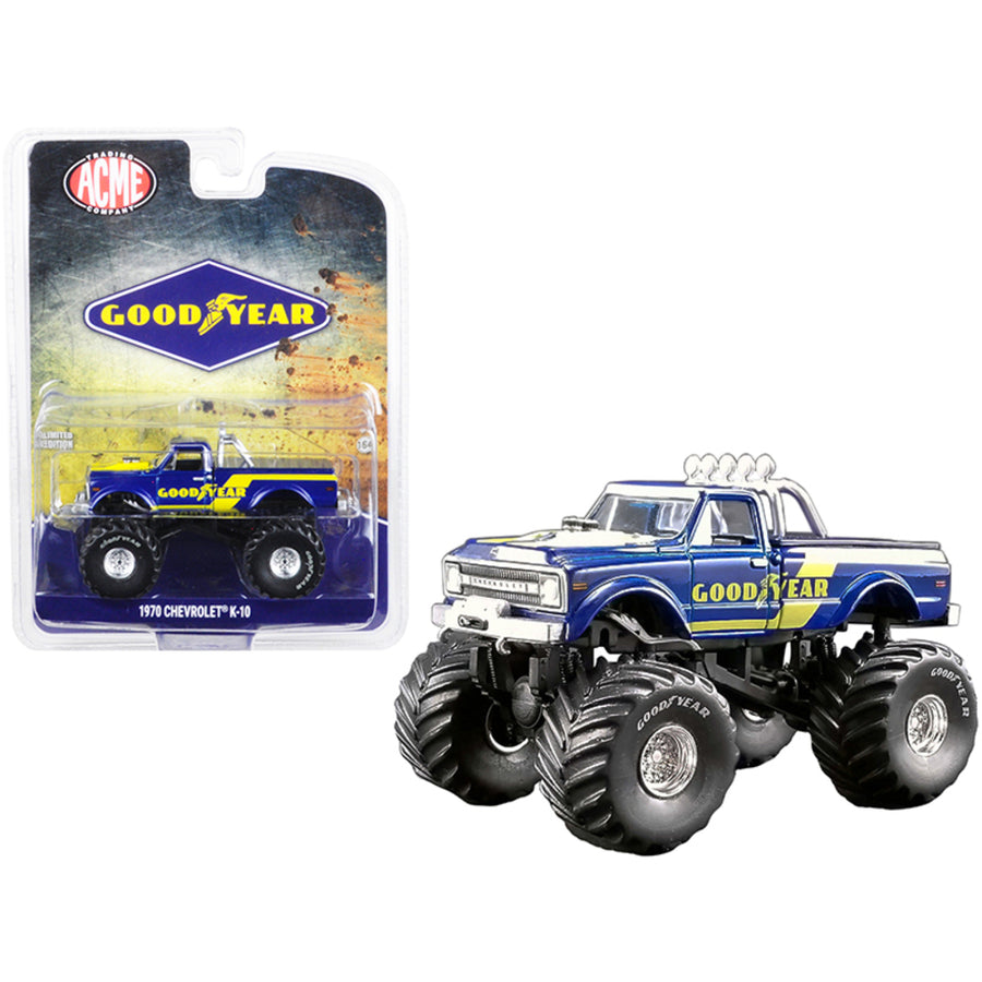 1970 Chevrolet K-10 Monster Truck Goodyear Dark Blue With Yellow Stripes Acme Exclusive 1/64 Diecast Model Car By Greenlight For Acme 51267