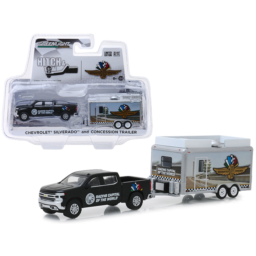 Chevrolet Silverado Pickup Truck And Concession Trailer Indianapolis Motor Speedway Hitch & Tow Hobby Exclusive 1/64 Diecast Model Car By Greenlight 30034