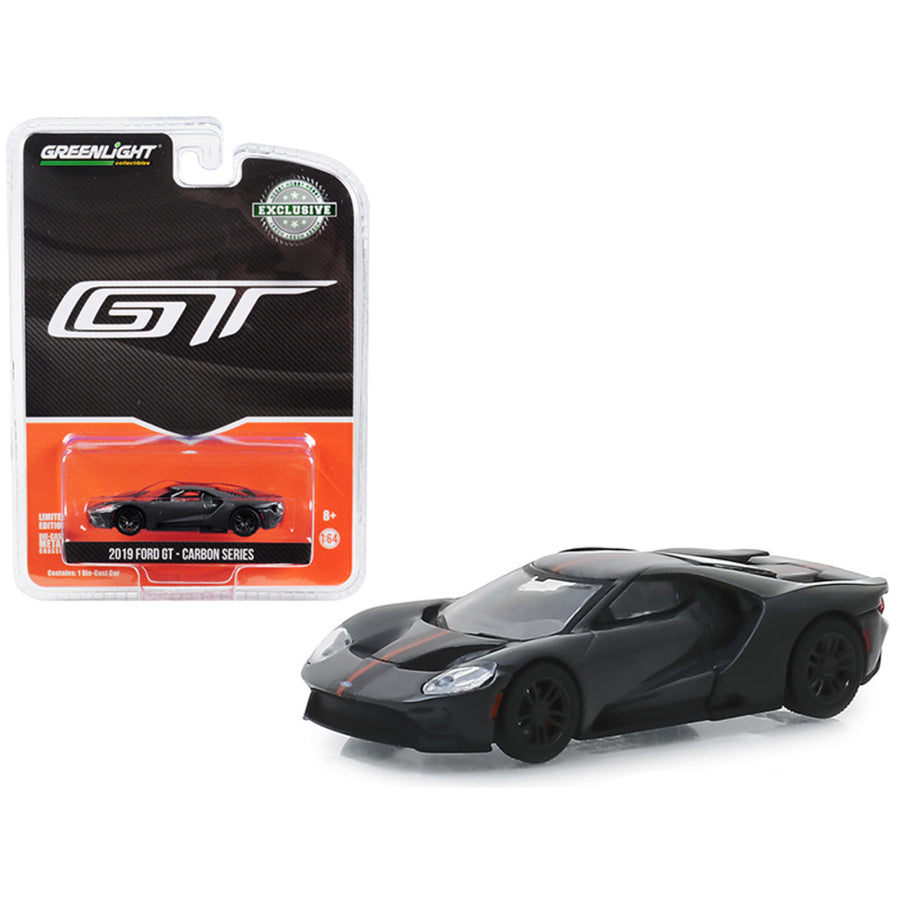 2019 Ford Gt Dark Gray With Carbon And Orange Stripes Carbon Series Hobby Exclusive 1/64 Diecast Model Car By Greenlight 30039
