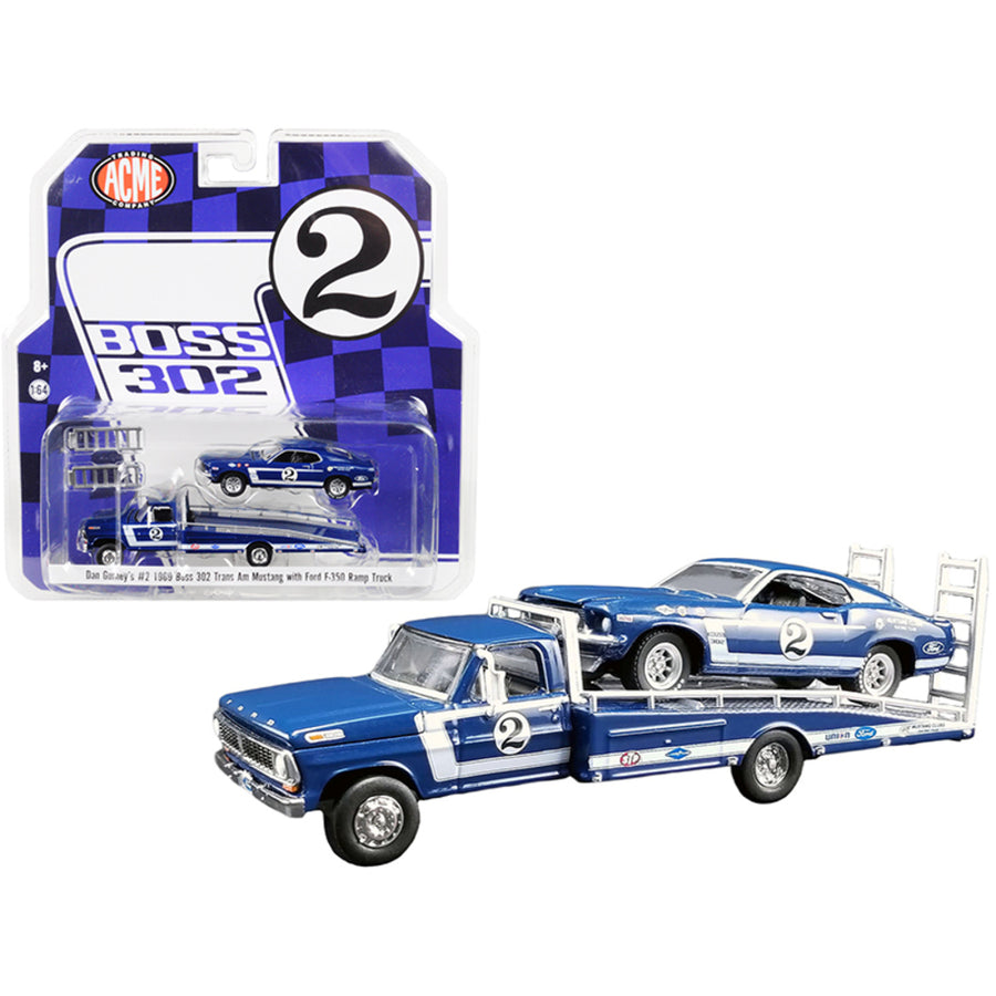 Ford F-350 #2 Ramp Truck Blue And 1969 Ford Mustang Boss 302 Trans Am #2 Blue (dan Gurneys) Acme Exclusive 1/64 Diecast Model Cars By Greenlight For Acme 51268
