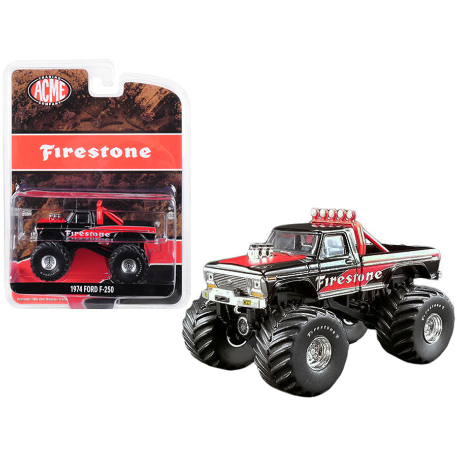 1974 Ford F-250 Monster Truck Firestone Black And Red Acme Exclusive 1/64 Diecast Model Car By Greenlight For Acme 51272