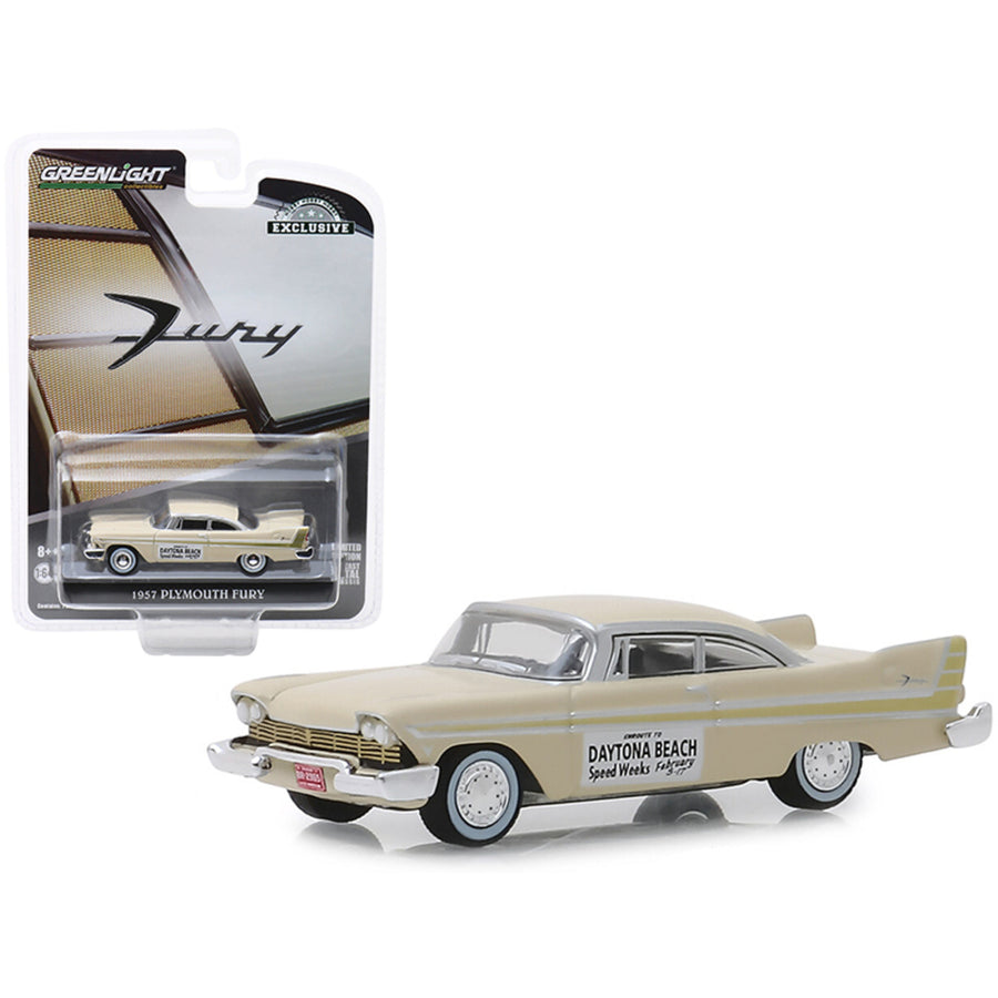 1957 Plymouth Fury Cream Daytona Beach Speed Weeks February 3-17, 1957 Hobby Exclusive 1/64 Diecast Model Car By Greenlight 30046
