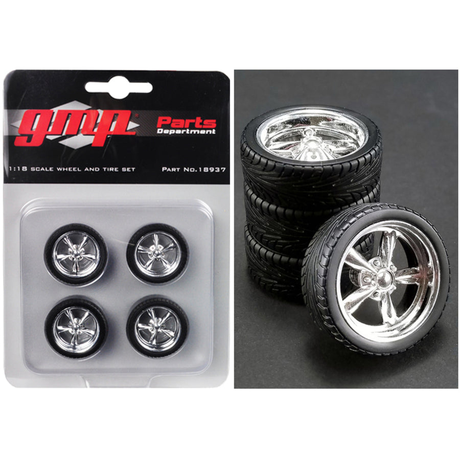 5-spoke Chrome Custom Street Fighter Wheels And Tires Set Of 4 Pieces 1/18 By Gmp 18937