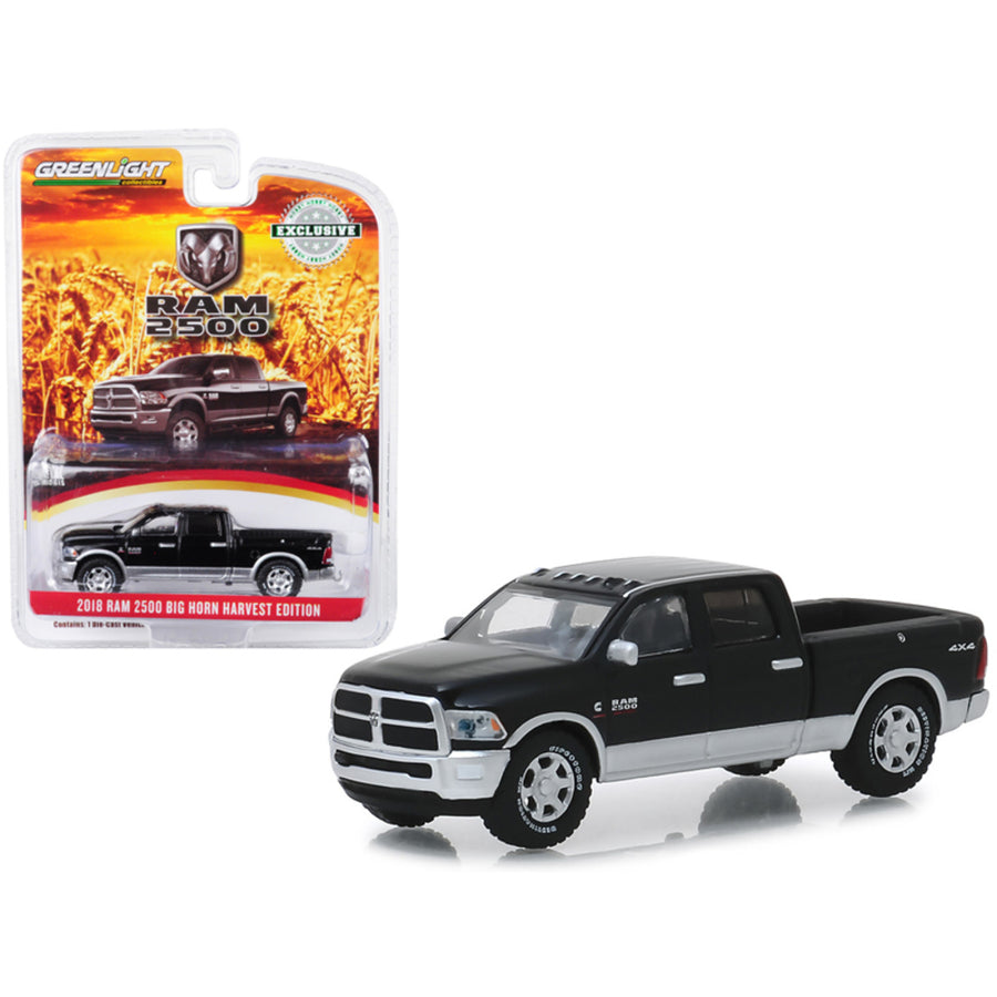 2018 Dodge Ram 2500 Big Horn Pickup Truck Brilliant Black And Silver Harvest Edition Hobby Exclusive 1/64 Diecast Model Car By Greenlight 30047