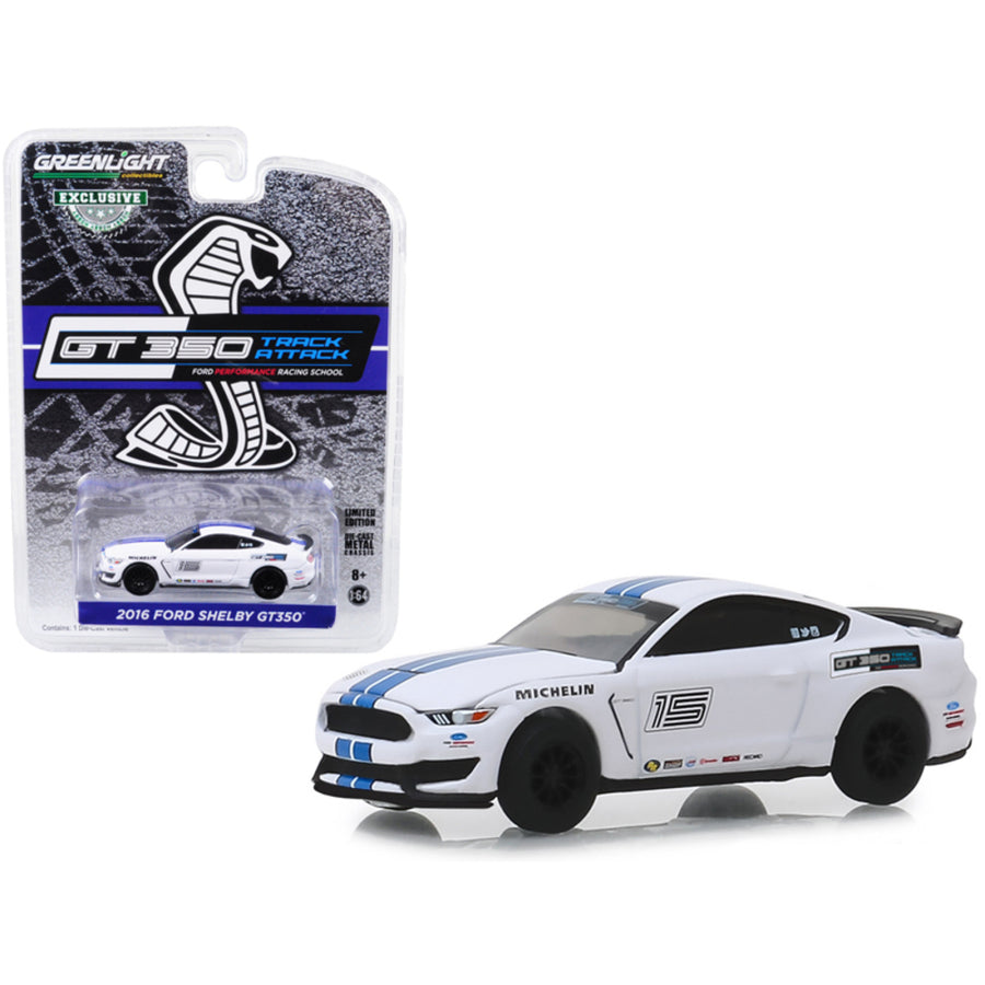 2016 Ford Mustang Shelby Gt350 #15 Oxford White With Blue Stripes Ford Performance Racing School Gt350 Track Attack Hobby Exclusive 1/64 Diecast Model Car By Greenlight 30052