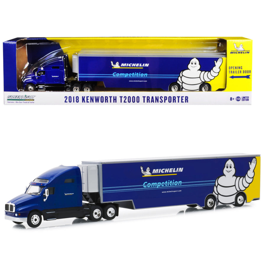2018 Kenworth T2000 Transporter Blue Michelin Competition Hobby Exclusive 1/64 Diecast Model By Greenlight 30056
