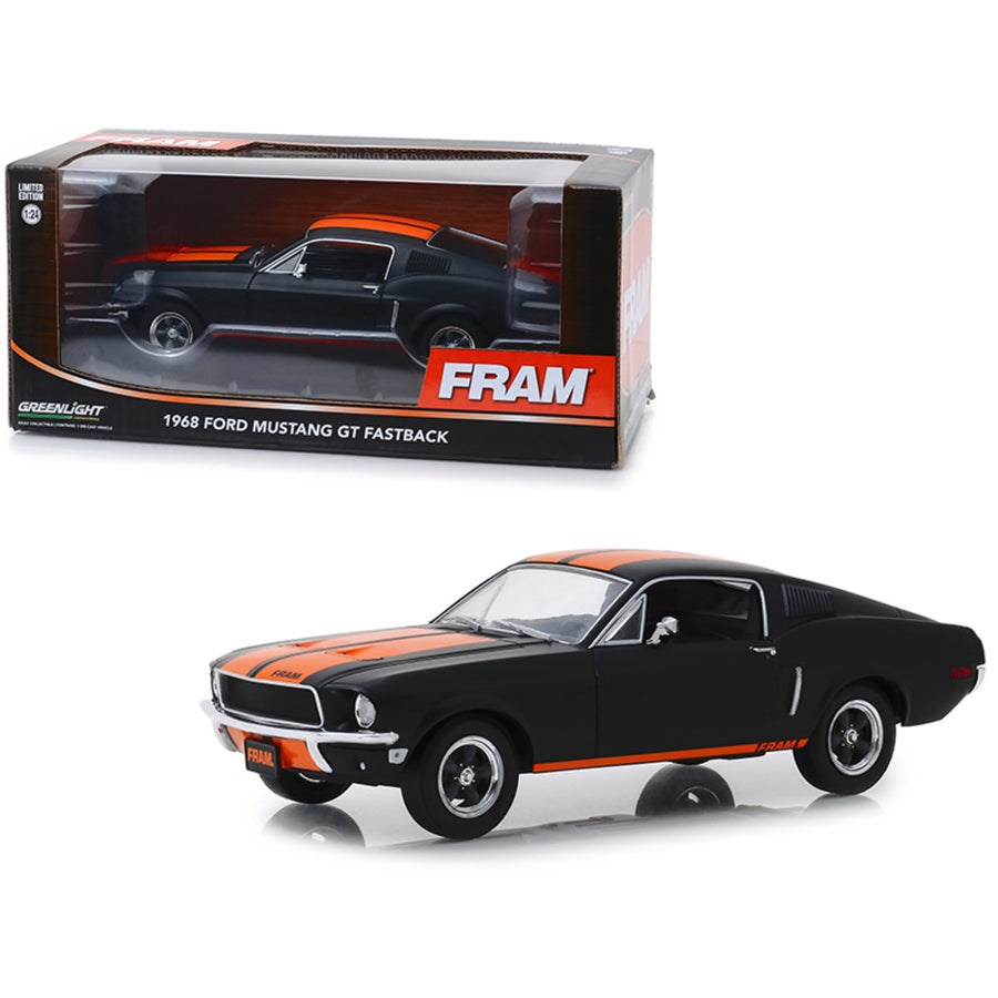1968 Ford Mustang Gt Fastback Fram Oil Filters Black With Orange Stripes 1/24 Diecast Model Car By Greenlight 18253