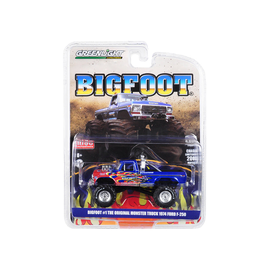 1974 Ford F-250 Monster Truck Bigfoot #1 The Original Blue With Flames Limited Edition To 4,600 Pieces Worldwide 1/64 Diecast Model Car By Greenlight 51282
