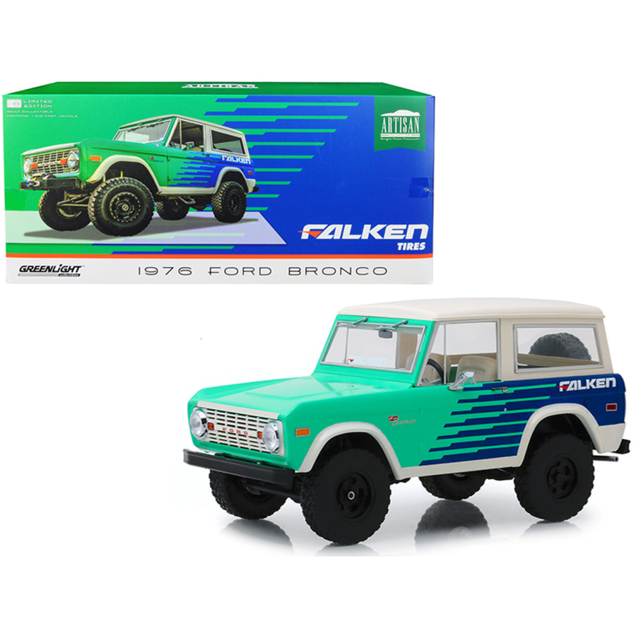 1976 Ford Bronco Green And Blue With Cream Top Falken Tires 1/18 Diecast Model Car By Greenlight 19070
