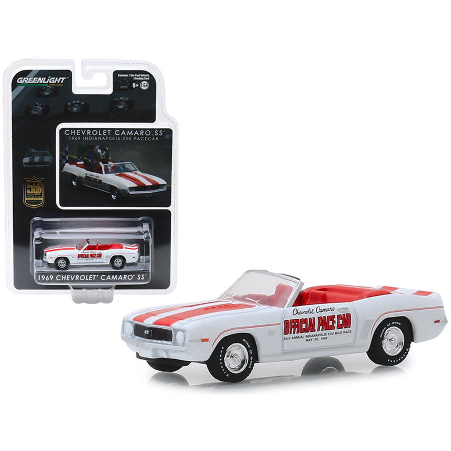 1969 Chevrolet Camaro Ss Convertible Pace Car White With Red Stripes Mario Andretti 50th Anniversary Indianapolis 500 Champion 1/64 Diecast Model Car By Greenlight 30082