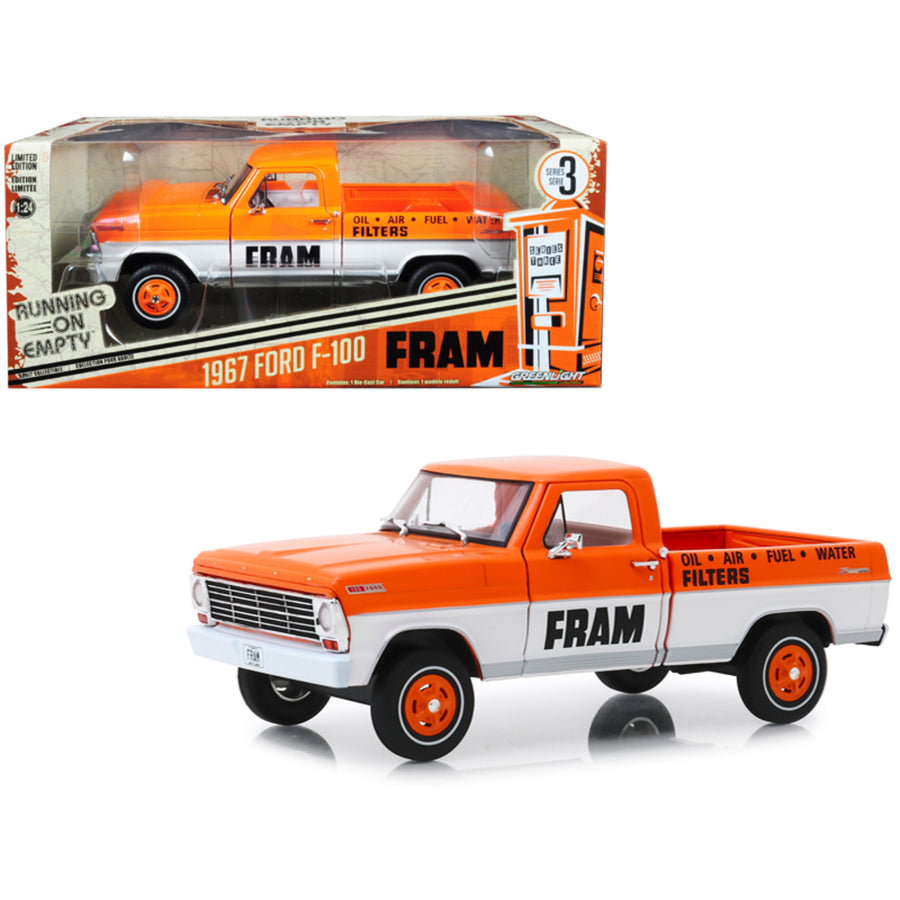1967 Ford F-100 Pickup Truck Orange And White Fram Oil Filters Running On Empty Series 3 1/24 Diecast Model Car By Greenlight 85042