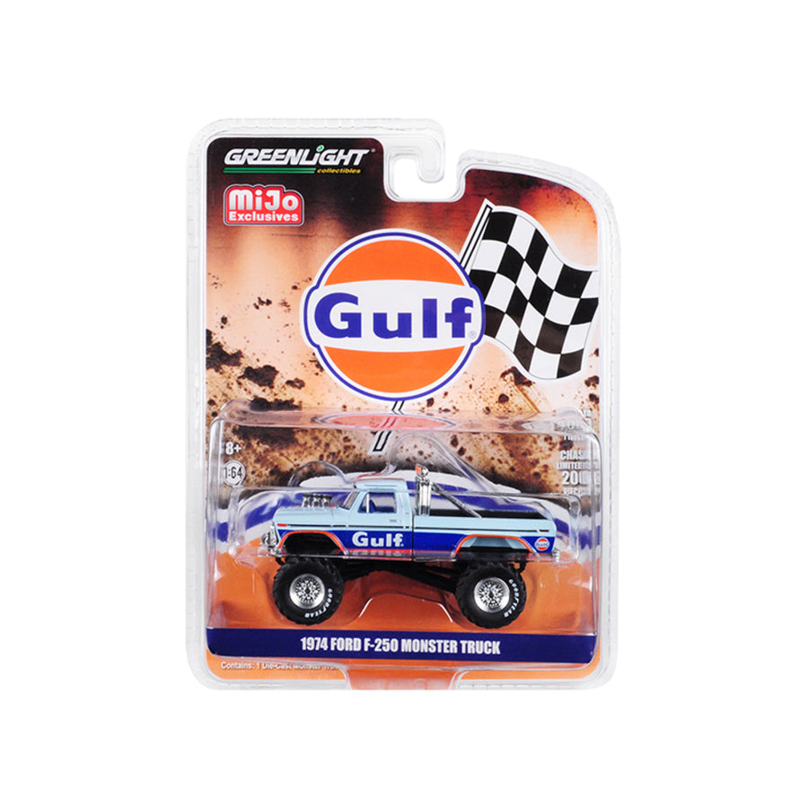 1974 Ford F-250 Monster Truck Gulf Blue With Orange Stripes Limited Edition To 4,600 Pieces Worldwide 1/64 Diecast Model Car By Greenlight 51288