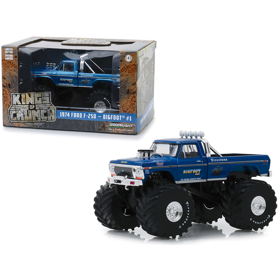 1974 Ford F-250 Monster Truck Bigfoot #1 Blue With 66-inch Tires Kings Of Crunch 1/43 Diecast Model Car By Greenlight 88011