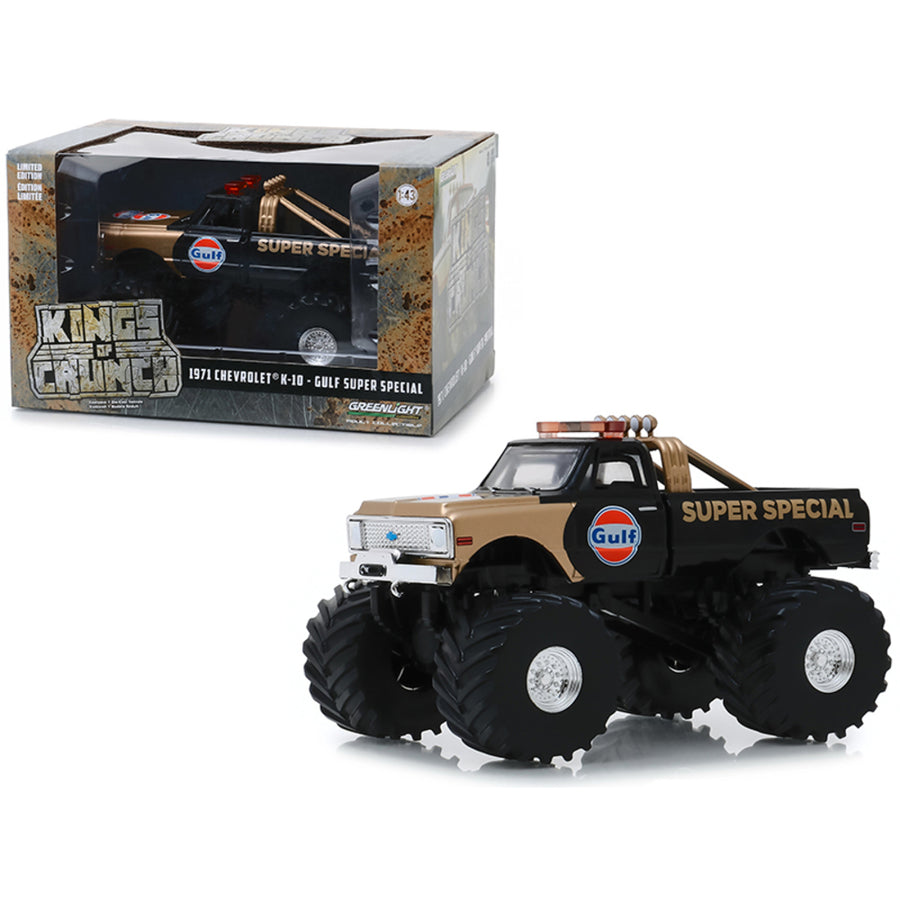 1971 Chevrolet K-10 Monster Truck Gulf Super Special Black And Gold With 66-inch Tires Kings Of Crunch 1/43 Diecast Model Car By Greenlight 88013