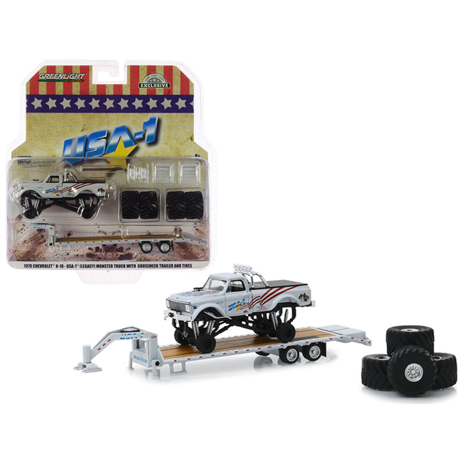 1970 Chevrolet K-10 Usa-1 (legacy) Monster Truck With Gooseneck Trailer With Regular And Replacement 66 Tires Hobby Exclusive 1/64 Diecast Model Car By Greenlight 30101