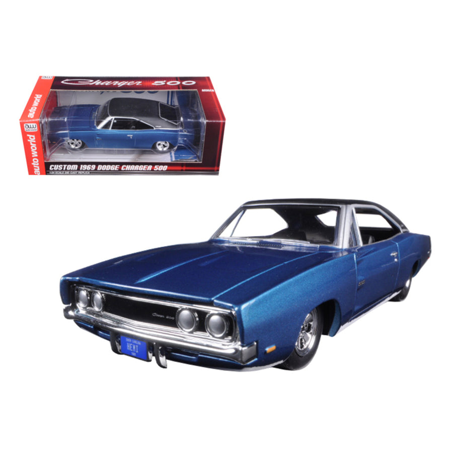 Custom 1969 Dodge Charger 500 Blue Poly 1/24 Diecast Model Car By Autoworld Aw24005