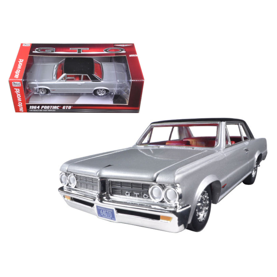 1964 Pontiac Gto Silvermist Grey With Gloss Black Roof 1/24 Diecast Model Car By Autoworld Aw24007