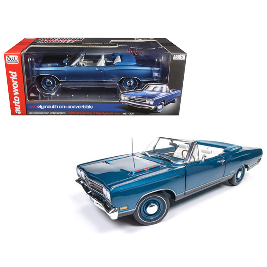 1969 Plymouth Gtx Convertible Jamaican Blue Poly Limited Edition To 1002pcs 1/18 Diecast Model Car  By Autoworld Amm1102