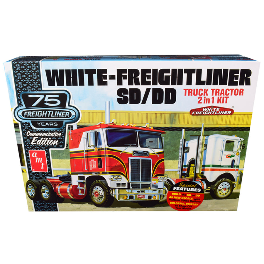 Skill 3 Model Kit White Freightliner Sd/dd Truck Tractor 2 In 1 Kit With Display Base 75th Freightliner Anniversary Commemorative Edition 1/25 Scale Model By Amt Amt1046
