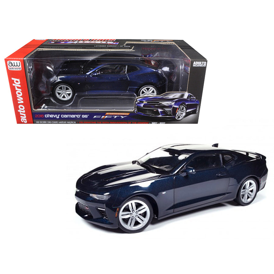 2016 Chevrolet Camaro Ss Blue Velvet Metallic Celebrating 50th Anniversary Limited Edition To 1002pcs 1/18 Diecast Model Car By Autoworld Aw239