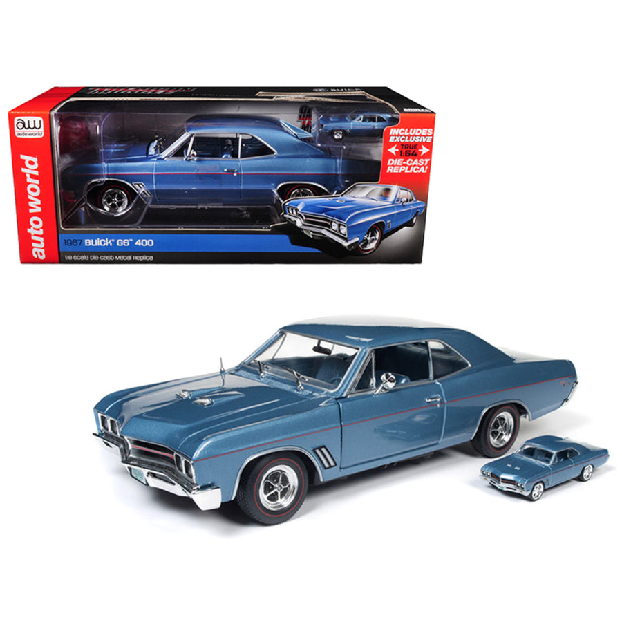 1967 Buick Gs Hardtop Sapphire Blue And 1/64 Scale 1967 Buick Gs Hardtop Sapphire Blue 2 Cars Set Limited Edition To 1002pc 1/18 Diecast Model Car By Autoworld Amm1115