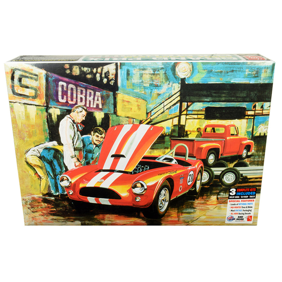 Skill 3 Model Kit 1963 Shelby Cobra With 1953 Ford F-100 Pickup Truck And Trailer Grand Prix Cobra Racing Team Damerique Set Of 3 Pieces 1/25 Scale Model By Amt Amt1073