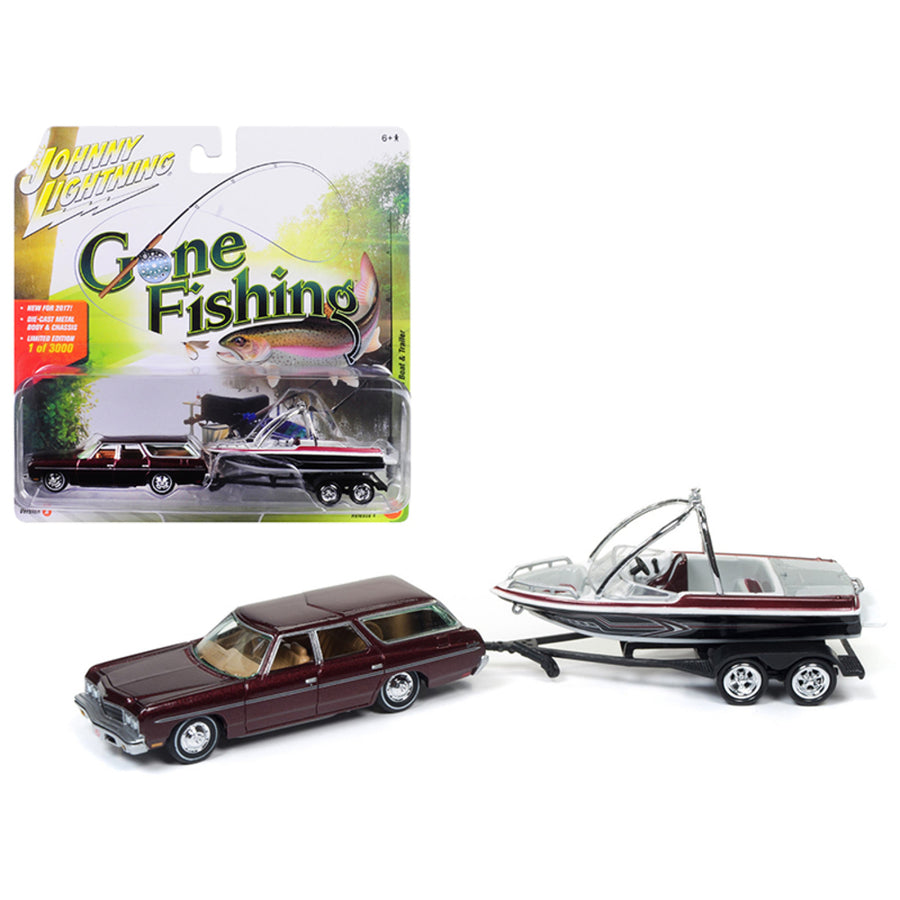 1973 Chevrolet Caprice Station Wagon Dark Red Poly With Malibu Boat Gone Fishing 1/64 Diecast Model Car By Johnny Lightning Jlbt004a-1973chevrolet-burgundy