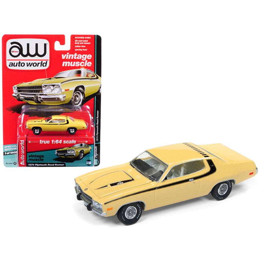 1974 Plymouth Road Runner Yellow Blaze With Black Stripes Auto World’s Premium Limited Edition To 1800 Pieces Worldwide 1/64 Diecast Model Car By Autoworld Awsp002a